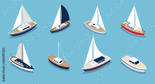 Diverse boats collection in isometric style on blue background