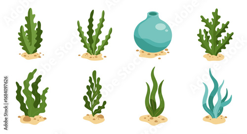 Flat style marine plants and vase on sandy ground set on white background
