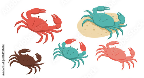 Colorful cartoon crabs on sand with white background
