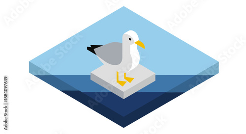 Isometric seagull on ice floe with geometric ocean background