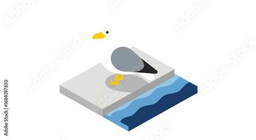 Isometric seagull on pier by the water with minimalistic design