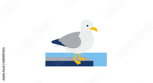 Minimalist seagull on pier with blue ocean background