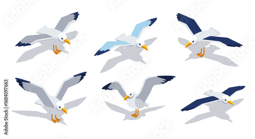 Isometric seagull flock with varied wing patterns on white background