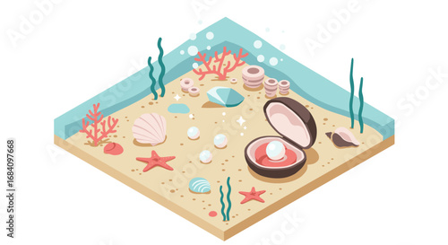 Isometric underwater scene with pearls and marine life on sandy ocean floor