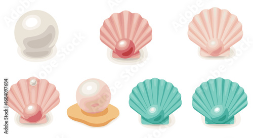 Colorful seashell and pearl collection: isometric seashells with pastel pearls for marine design