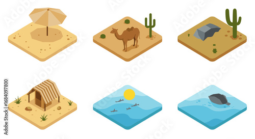 Isometric desert and ocean landscapes with camel and cactus elements