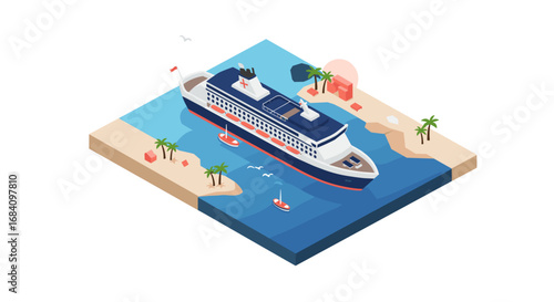 Cruise ship at tropical island with sandy beach and palm trees in isometric design