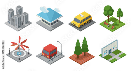 Isometric urban elements: buildings, taxi, park, fountain, bus, trees, billboard