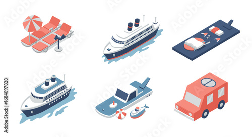 Isometric travel icons: cruise ships, cars, and beach umbrella on white background