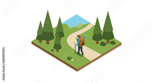Isometric outdoor hiking scene with backpacker on forest trail