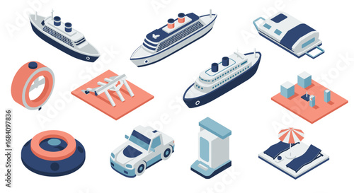 Isometric transportation and travel icons with ships, plane, and cars