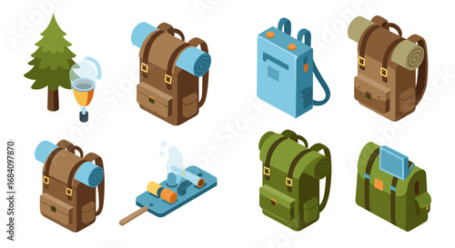 Isometric camping gear set featuring backpacks and essential outdoor items