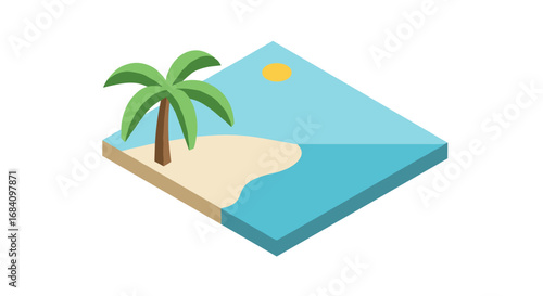 Flat isometric tropical island with palm tree and ocean scene