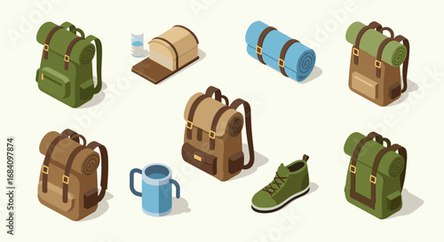 Isometric camping essentials: backpacks, sleeping bags, and gear for outdoor adventures