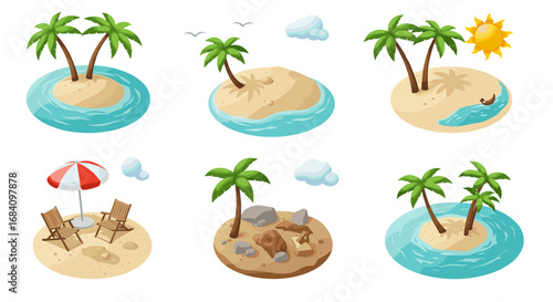 Tropical island paradise set with palm trees, sun, and beach elements in isometric style