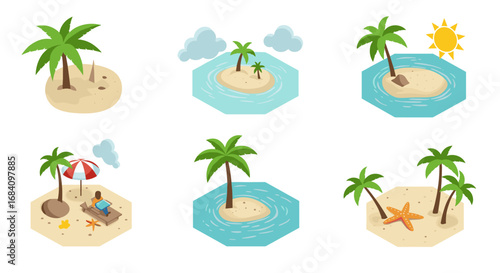 Isometric tropical island scenes with palm trees and beach elements