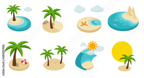 Colorful isometric beach elements with palm trees and ocean waves