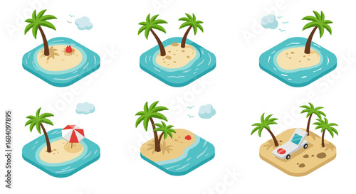 Isometric tropical islands set with palm trees and beach elements