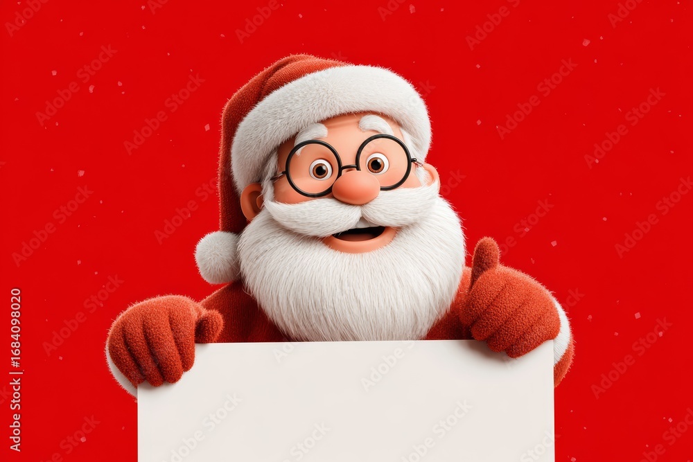 Naklejka premium Santa Claus is holding a blank sign and giving a thumbs-up on a red background.