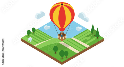 Isometric hot air balloon over countryside landscape with fields and trees