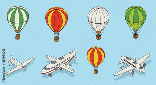 Isometric hot air balloons and airplanes on blue sky background