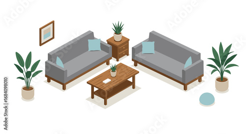 Cozy living room design in isometric style featuring sofas and indoor plants
