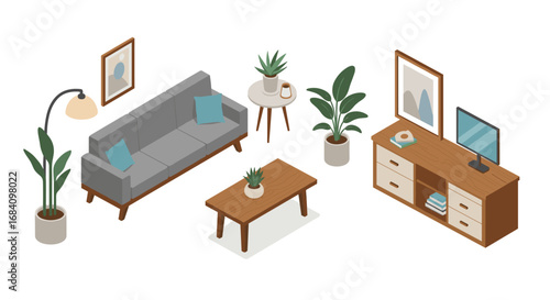 Minimalist isometric living room decor with modern furniture and greenery