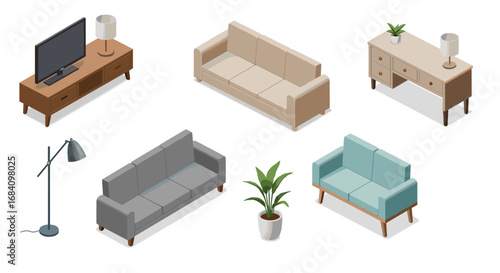 Isometric living room furniture set with sofas, tv stand, and plants