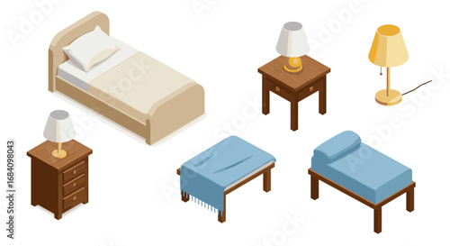 Isometric bedroom set with bed, nightstand, and lamps in modern style