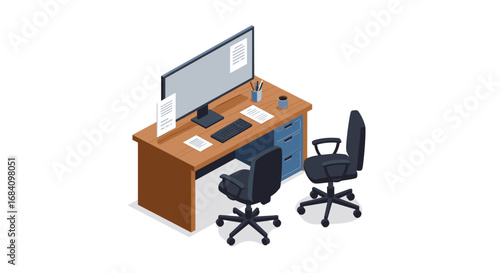 Modern office workspace with desk, chairs, and computer in isometric style