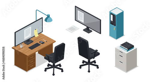 Isometric office workspace with desk, monitor, and chair setup