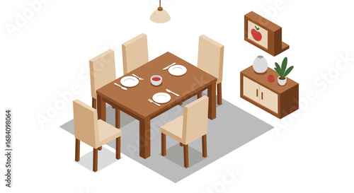 Modern dining room set with isometric furniture and decor elements