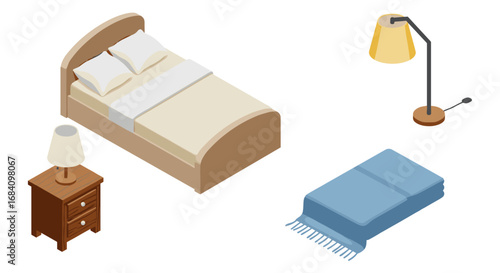 Cozy bedroom essentials with bed, nightstand, and floor lamp in isometric design