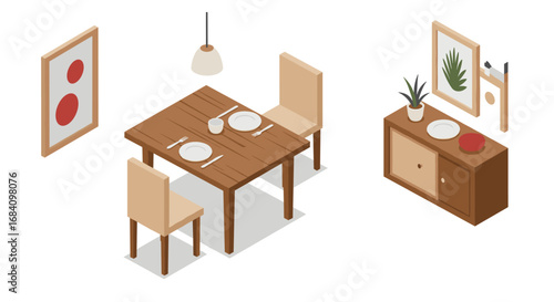 Minimalist dining room with isometric table and decor elements in neutral tones
