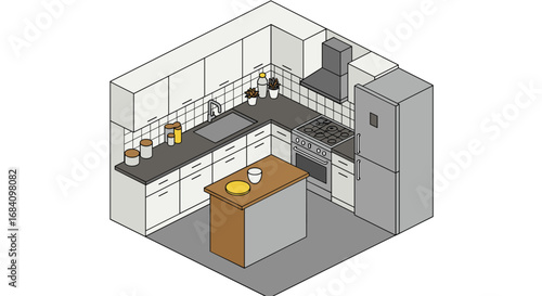 Modern isometric kitchen design with minimalist appliances and stylish layout