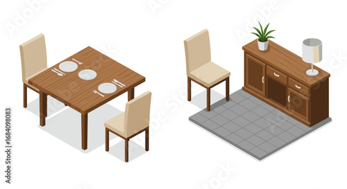 Cozy isometric dining and living room furniture setup with warm tones