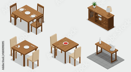 Isometric dining and living room interior with modern furniture elements