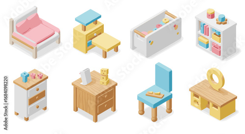 Isometric baby furniture set for nursery decor in pastel colors