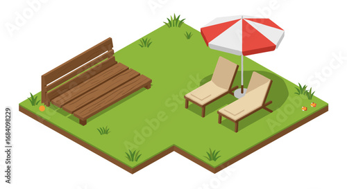 Isometric summer garden scene with bench and sun loungers