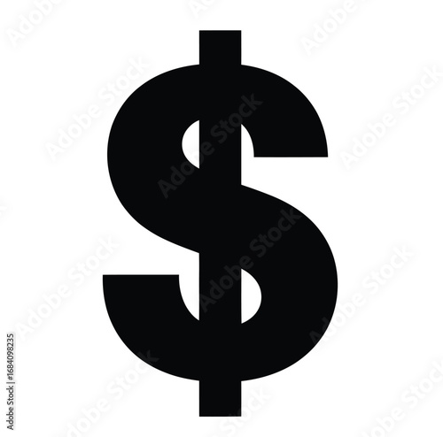 A prominent black dollar sign graphic, set against a pristine white background, representing global finance, currency, wealth, and economic value for a clear visual statement