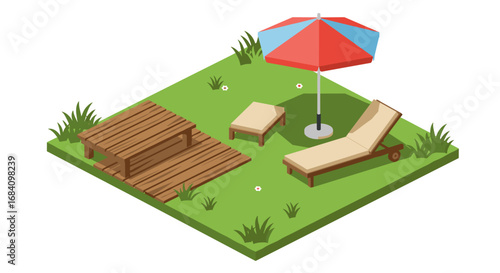 Isometric summer garden with wooden lounge, table, and umbrella