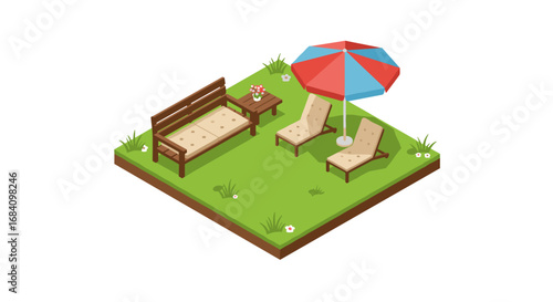 Tranquil garden scene with bench, loungers, and parasol in isometric style