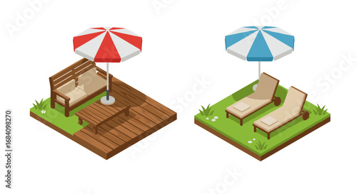Cozy outdoor relaxation zones with umbrellas and seating in isometric design