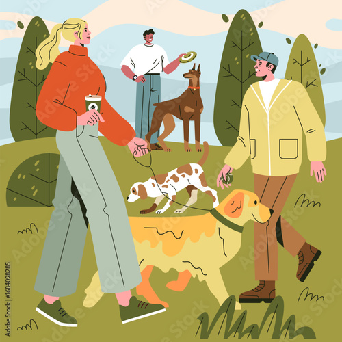 People Walking Dogs Outdoors in Park Vector Illustration