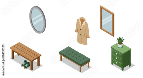 Modern entryway elements with coat bench mirror and plant in isometric style