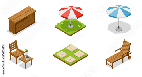 Isometric outdoor furniture set with parasols and lawn elements