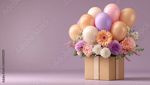 Pastel-toned gift box with balloons and flowers