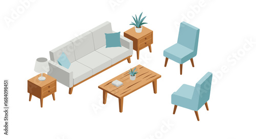 Modern isometric living room with cozy furniture and decor elements