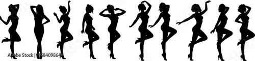 vector set of Black profile of slim woman body isolated on white background.
