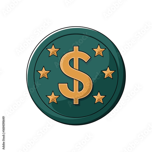 Stylized golden dollar sign coin illustration with a circle of six stars, representing finance, wealth, and currency in a vibrant graphic design on a white background